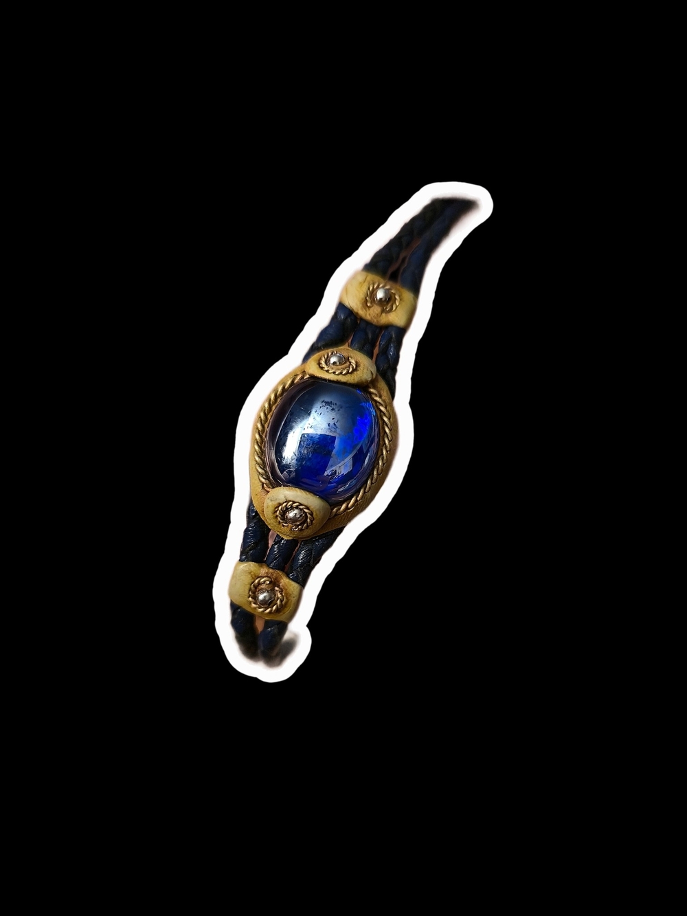 Blue Stone Braided Leather Bracelet with Golden Accents